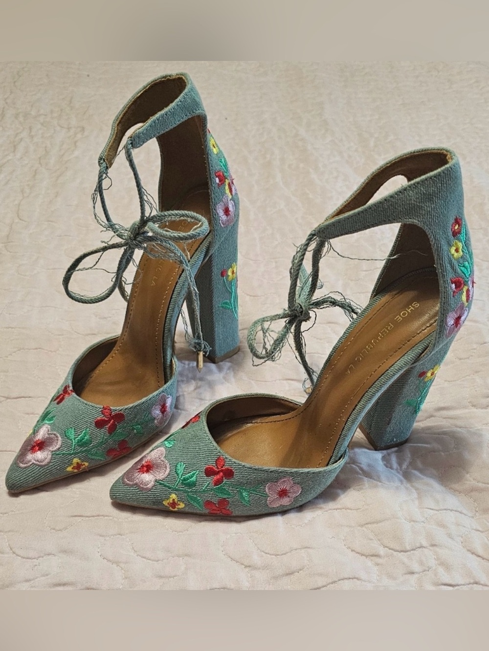 Shoe Republic LA Embroidered Sage Green Lace-Up Block Heel Pumps
